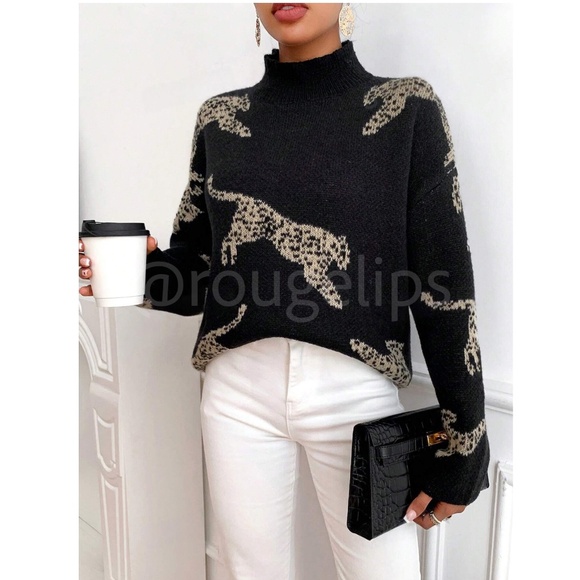 Black High Neck Knit Pullover Sweater Leopard Cheetah Print - Picture 2 of 7